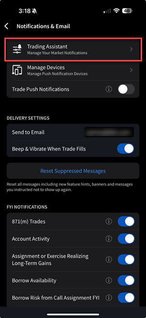 The trading assistant button on the iPhone